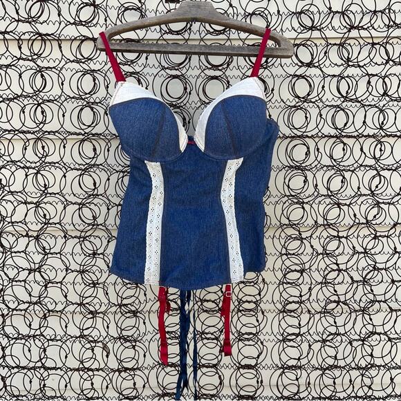Y2K Fredericks of Hollywood Denim Lace Corset Top w/ Red Straps Dukes of Hazard - Picture 1 of 7